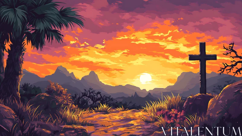 Sunset cross overlooks tranquil mountains in glowing silence