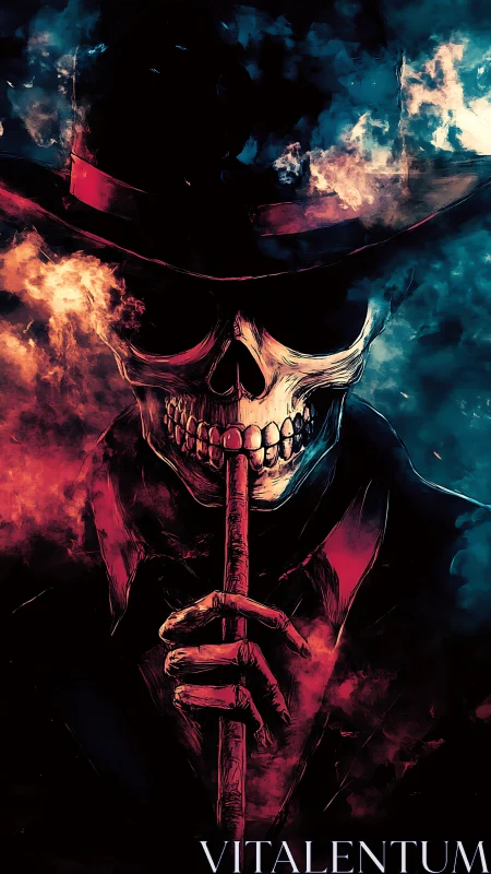 Skeletal figure in fedora commands silence amid burning smoke