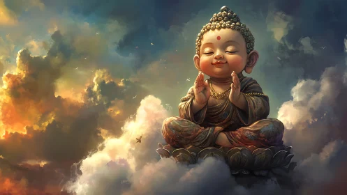 Serene baby Buddha meditating amid luminous storm clouds.