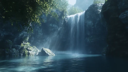 Peaceful waterfall cove glowing with soft forest light.