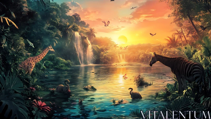 Sunlit jungle river gathers wildlife around glowing falls