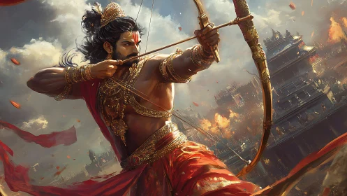 Warrior archer draws composite bow amid burning temple cityscape