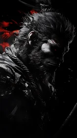 Digital profile of dark warrior with red accent lighting.