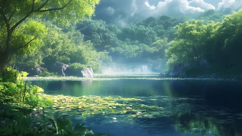 Lush forest lake with water lilies and distant waterfalls.