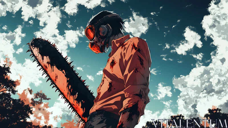 Masked antihero with bloody chainsaw under vivid sky.
