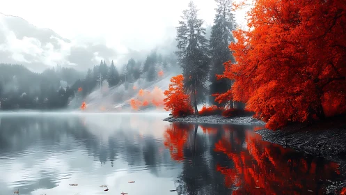 Vibrant red autumn forest reflected in misty alpine lake