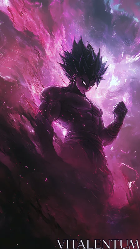 Dark energy warrior ascends amid raging violet cosmic storm.