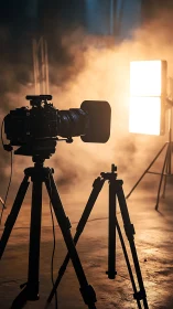 Cinema camera silhouette under warm studio backlight.