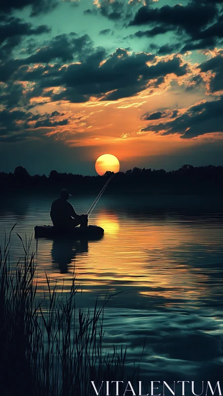 Solitary angler drifts beneath a glowing sunset sky.