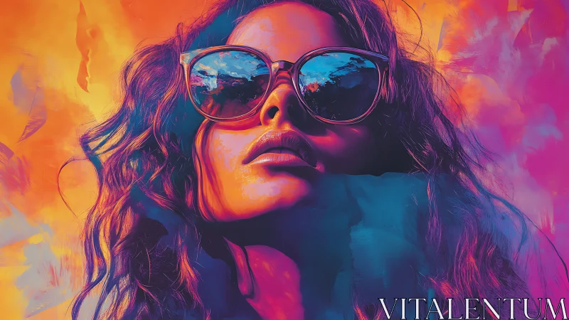 Bold digital portrait of woman in sunglasses and neon light.
