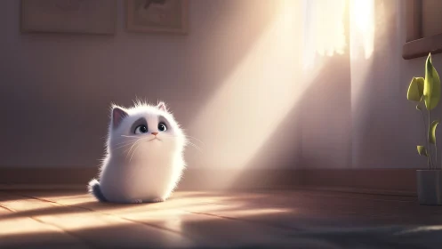 Fluffy White Kitten in Sunlit Room.