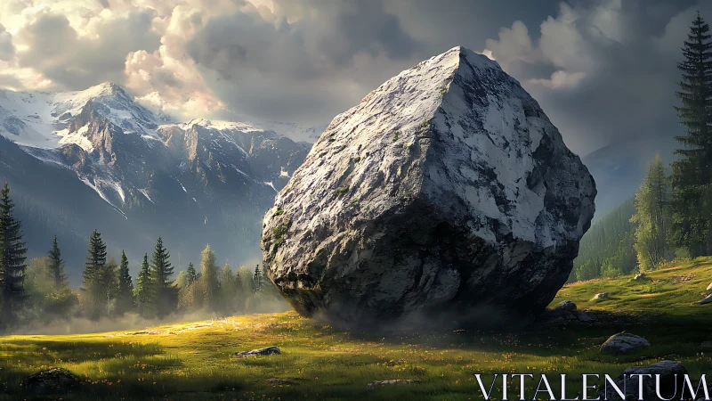 Large angular boulder occupies foreground in sunlit alpine meadow