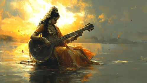 Woman in traditional dress playing sitar on reflective water.