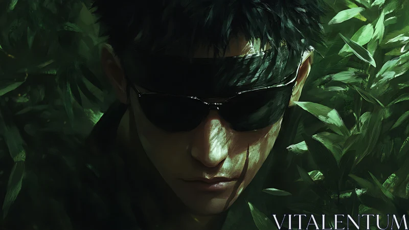 Stealth operative portrait rendered in dense, chiaroscuro foliage