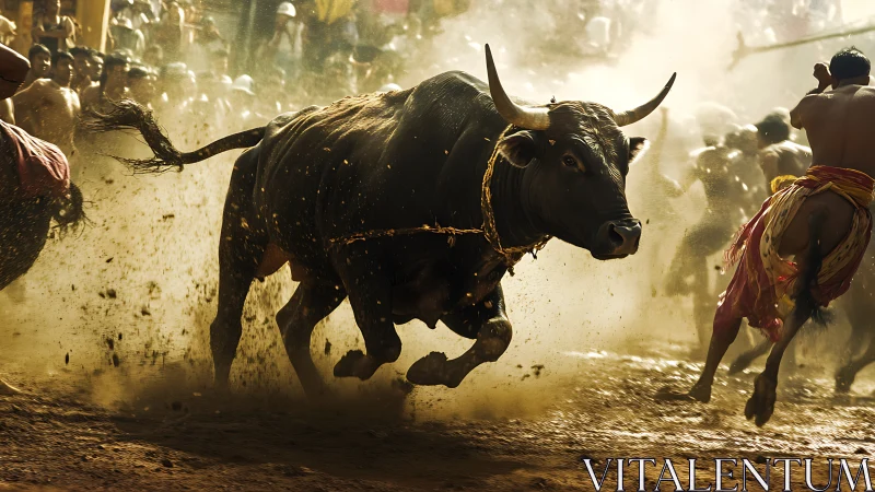 Powerful bull charges through sunlit festival arena crowd