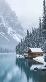 Snow covered lake cabin below misty pine forest cliffs.