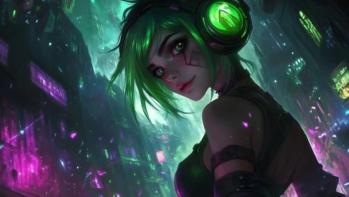 Cyberpunk neon DJ portrait in luminous alleyway environment.