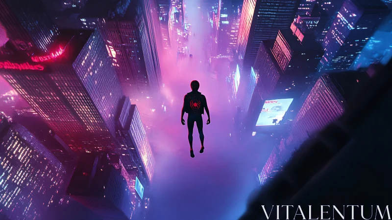 Silhouetted hero descends through neon city canyon at night