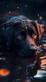 Gentle chocolate lab in glowing twilight water, quietly dreaming.