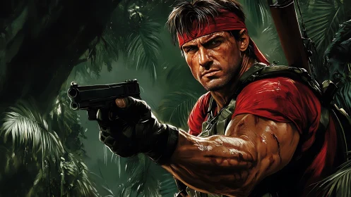 Battle hardened soldier aiming pistol in dense jungle.