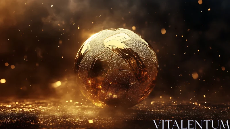Golden soccer ball under dramatic glowing particles.