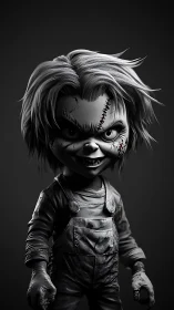 Sinister stitched doll portrait in moody monochrome 3D render.