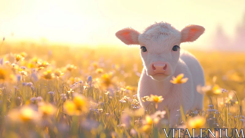 Backlit calf standing in sunlit wildflower meadow at dawn