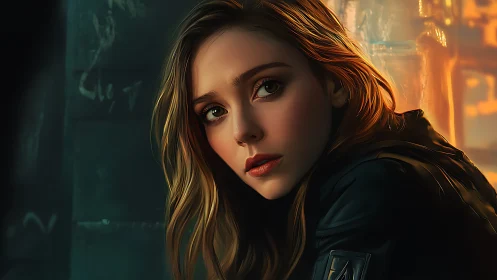 Brooding woman portrait under neon dusk light. Urban edge.