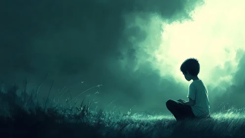 Solitary child silhouette in luminant stormlit meadow field.