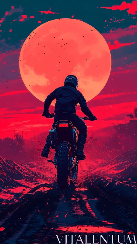 Motorcyclist rides toward neon red supermoon horizon