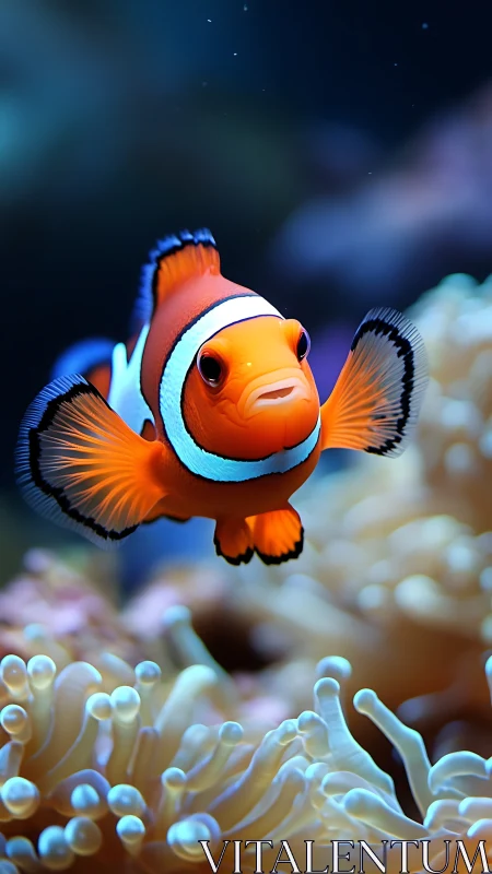 Curious clownfish gliding through a softly glowing reef.