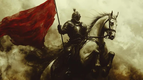 Armored cavalry knight raises crimson battle standard in storm haze