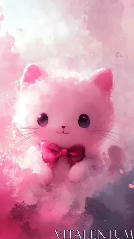 Soft-focus digital painting of pink kitten with bow tie.