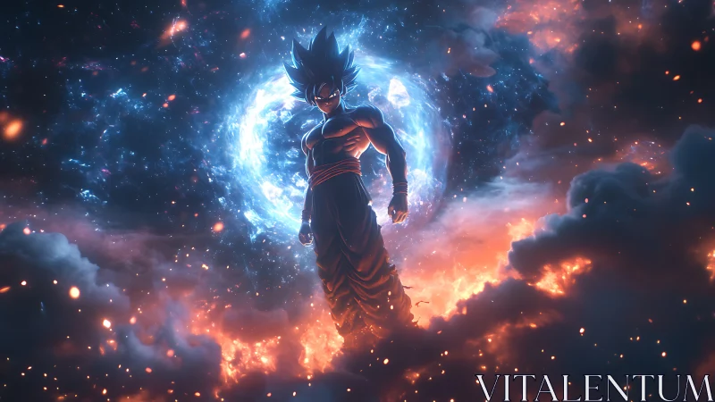 Celestial warrior silhouette amid blue vortex and fiery nebula