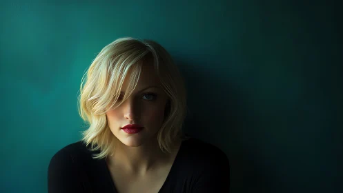 Low-key teal portrait with asymmetrical blonde hair lighting.