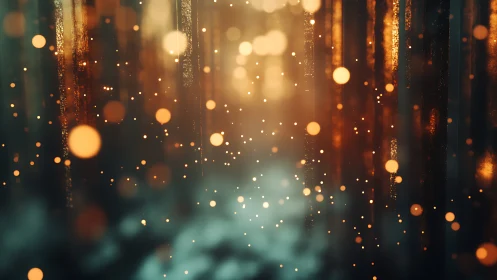 Glowing bokeh particles drifting through misty light shafts.