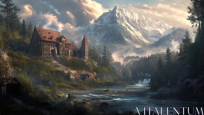 Digital painting of alpine manor beside misted river valley.