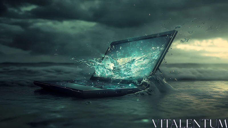 Cinematic seascape laptop splash in storm-lit digital painting.