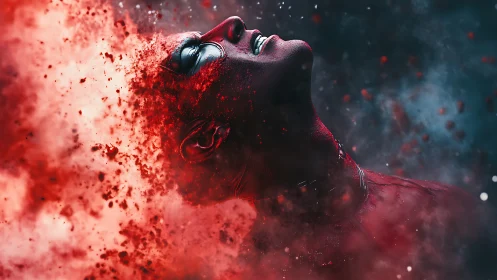 Digital figure dissolves into red particles amid dark void