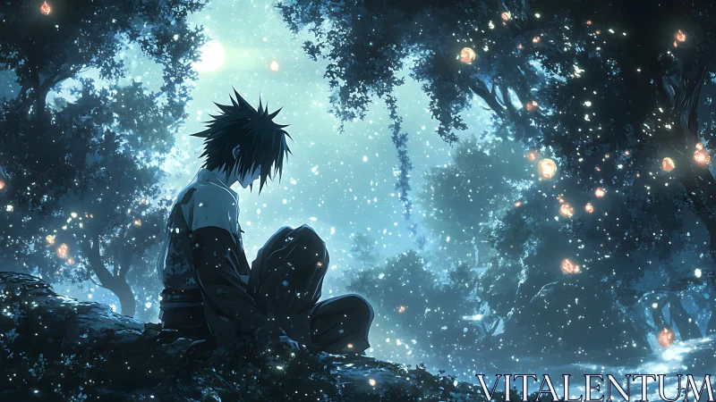 Solitary anime boy contemplates under glowing forest lights