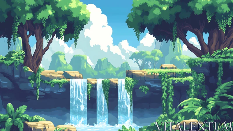 Jungle Waterfall Scene with Lush Vegetation and Cascading Waters