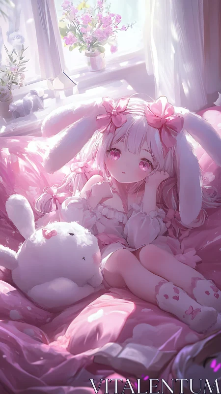 Soft morning daydreams with a pastel bunny-eared friend.