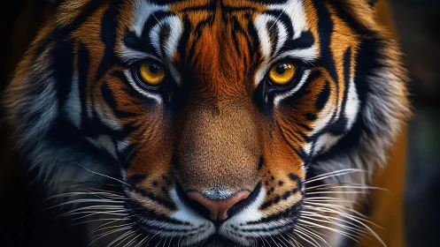 Tiger’s intense golden gaze emerges from dramatic shadows