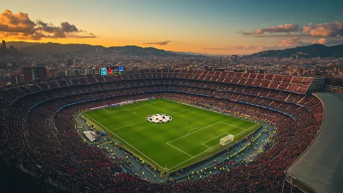 Sunset football stadium surges with vibrant city energy.