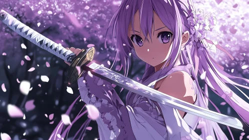 Purple haired anime swordswoman under falling blossoms.