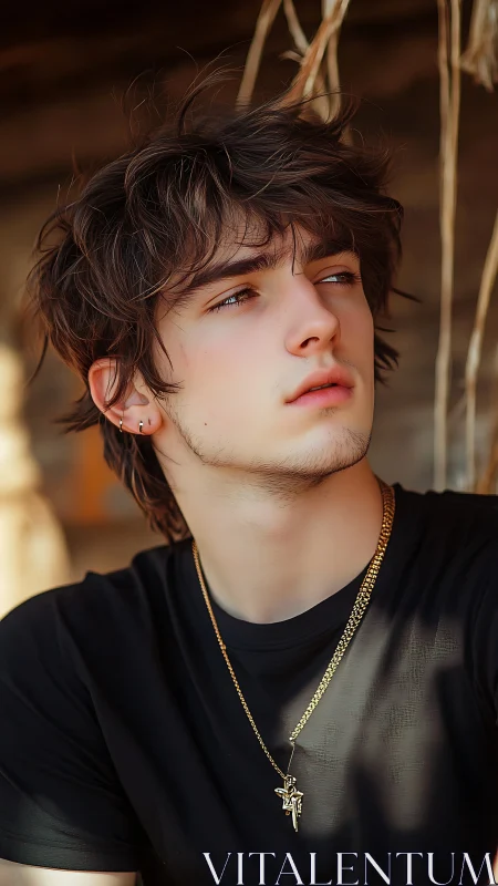 Young male subject in black shirt with gold pendant outdoors.