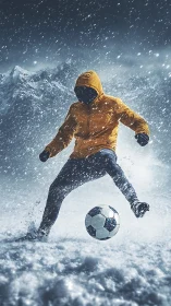 Hooded soccer player controlling ball in heavy snowfall.