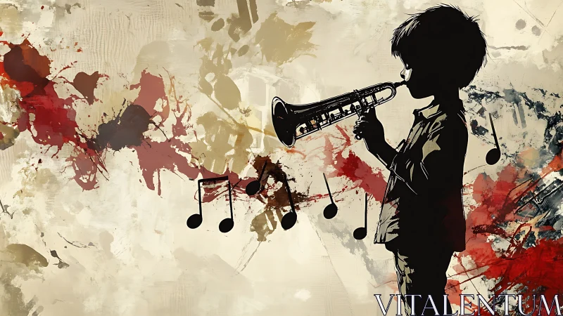 Child trumpet silhouette merges with abstract musical color