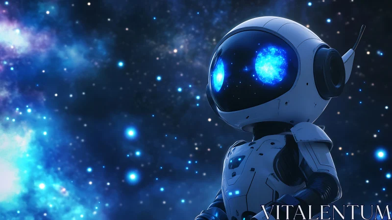 Humanoid robot in deep space with glowing starfield visor.