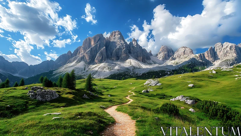 Alpine sedimentary massif with curving glacial meadow trail.